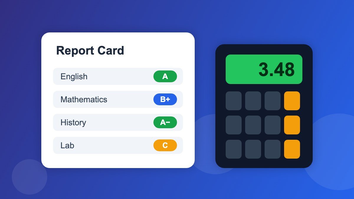 Report card with letter grades next to a calculator, shown as simple flat shapes