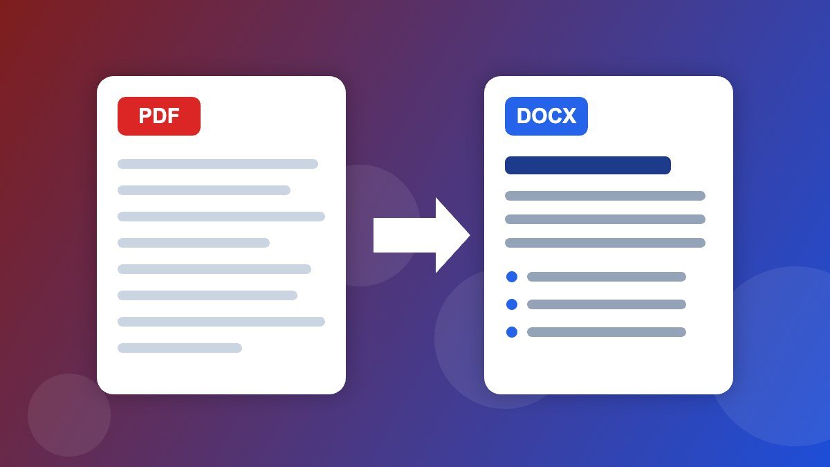 A PDF page turning into an editable document with headings and bullet points, shown as flat shapes